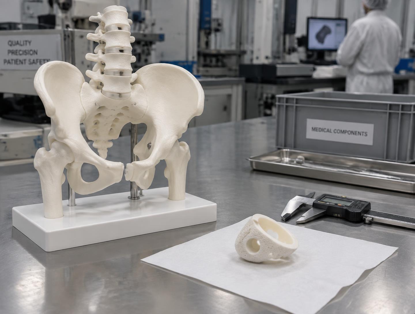 Anatomical model and polymer medical component on an inspection bench