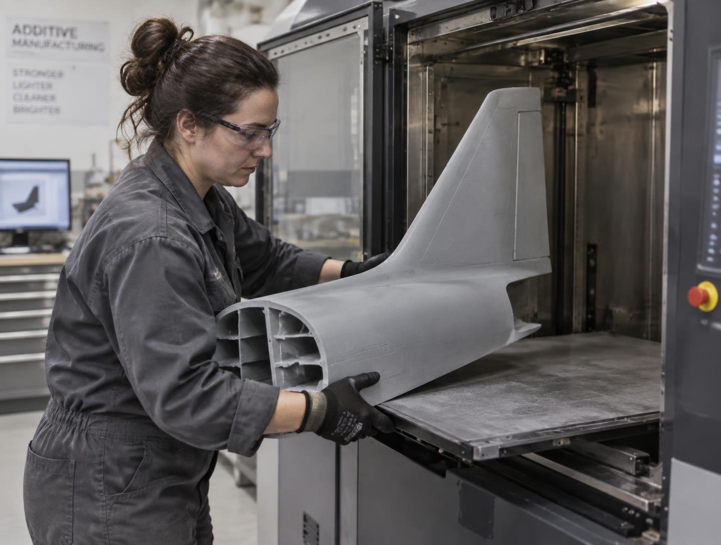 Technician removing a large polymer printed airframe component from a build chamber